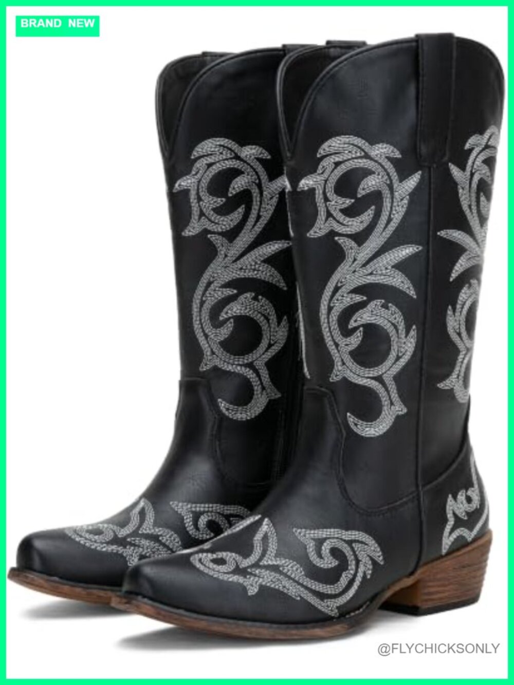 Jeossy Wide Calf Cowboy Boots Embroidered Mid Calf Faux Leather Western